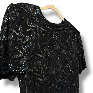 Brilliante Silk Vintage Black Beaded Embroidered Floral Elegant Dress Size Large